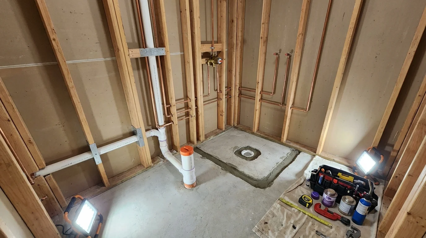 Bathroom rough-in plumbing during remodel by Johns Plumbing LLC in Rainsville