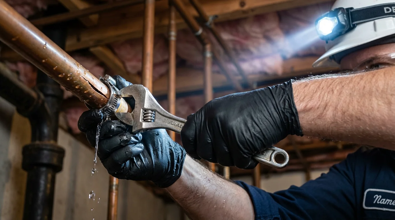 Emergency pipe clamp repair being performed by a Johns Plumbing LLC plumber in Rainsville