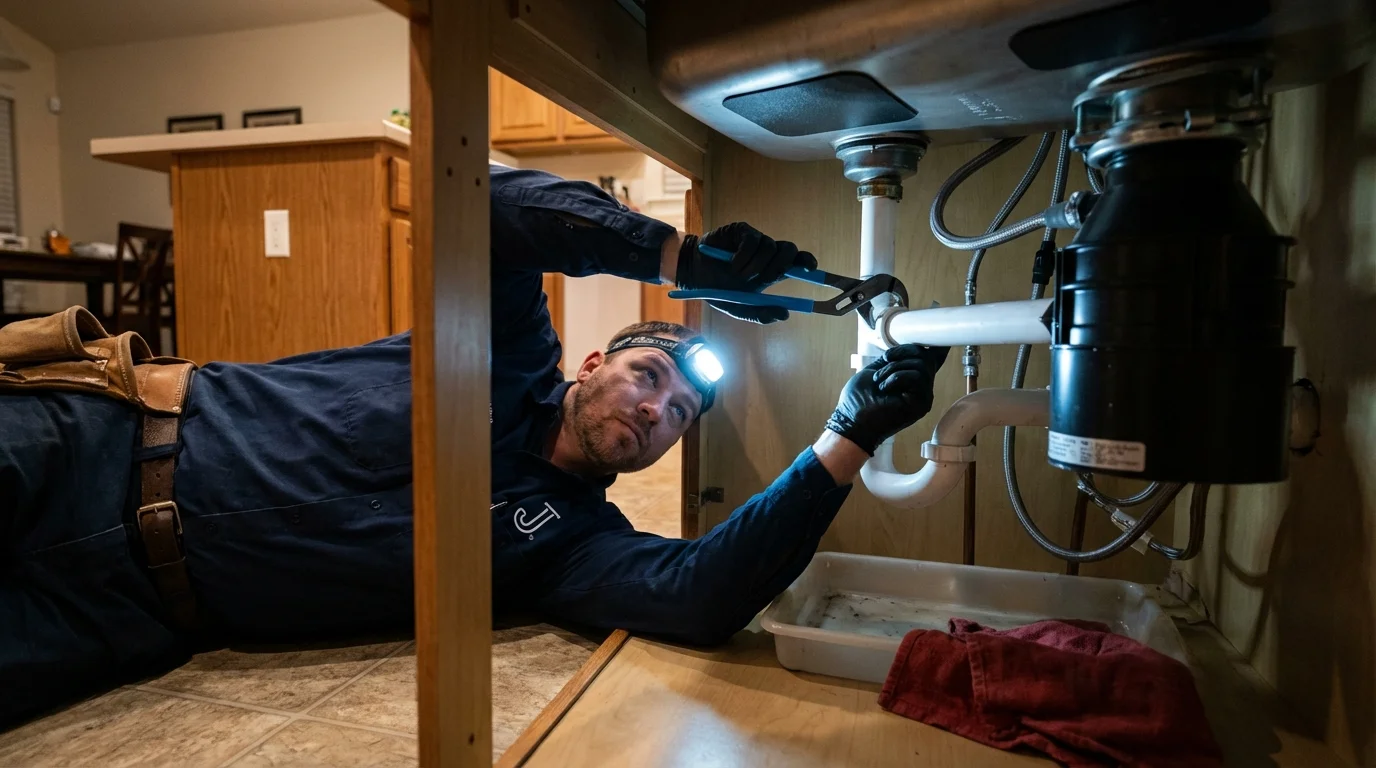 P-trap and supply line connections under a kitchen sink showing a common leak point in Rainsville, AL